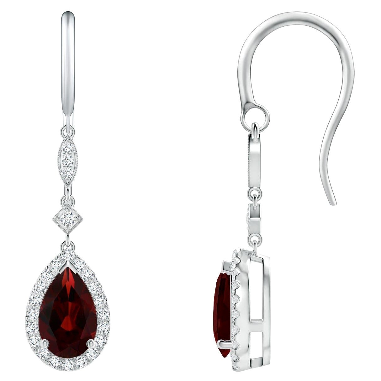 Natural Pear-Shaped 2.4ct Garnet Drop Earrings with Diamond in 14K White Gold For Sale