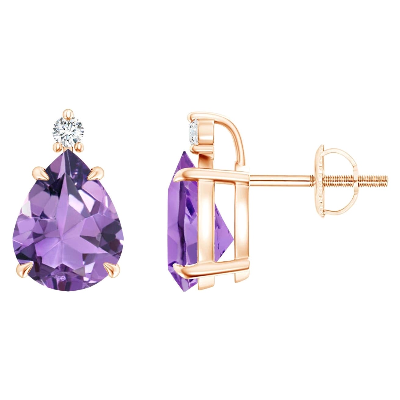 Natural Claw-Set Pear 3ct Amethyst Solitaire Earrings in 14K Rose Gold For Sale