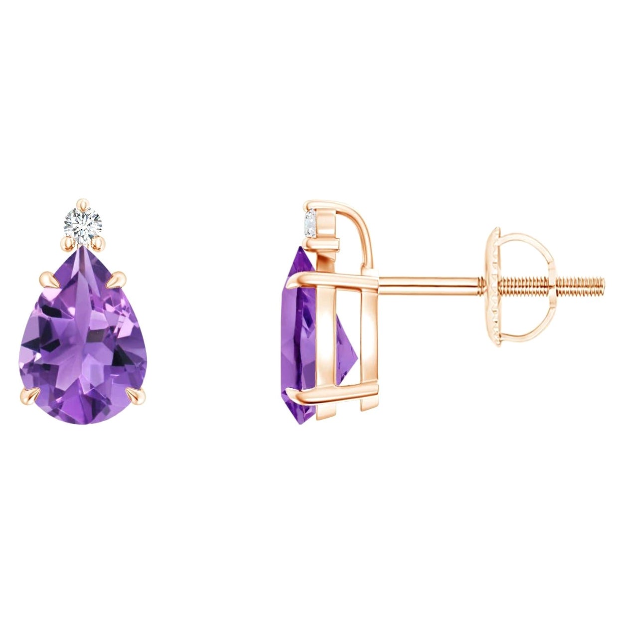 Natural Claw-Set Pear 1.2ct Amethyst Solitaire Earrings in 14K Rose Gold For Sale