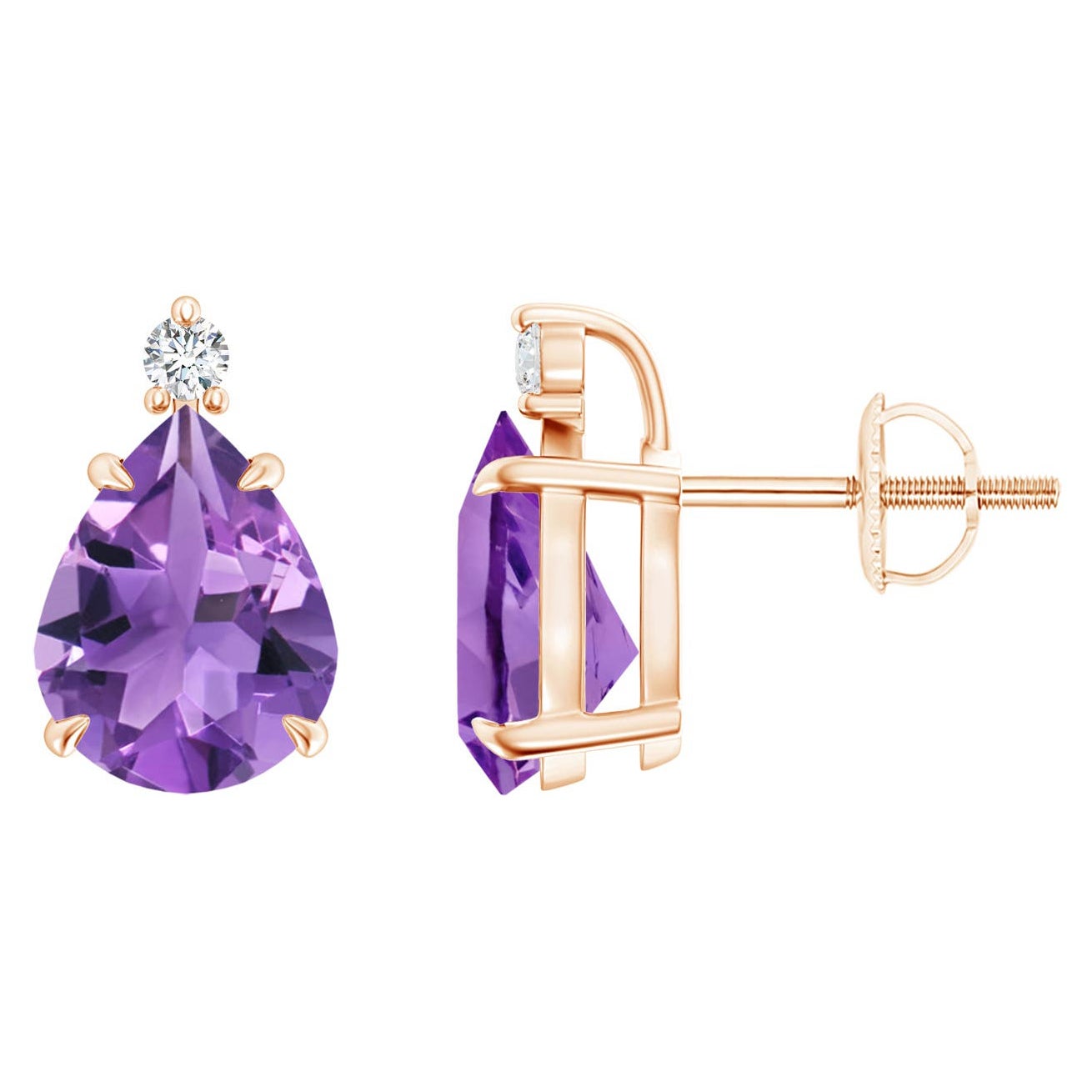 Natural Claw-Set Pear 3ct Amethyst Solitaire Earrings in 14K Rose Gold