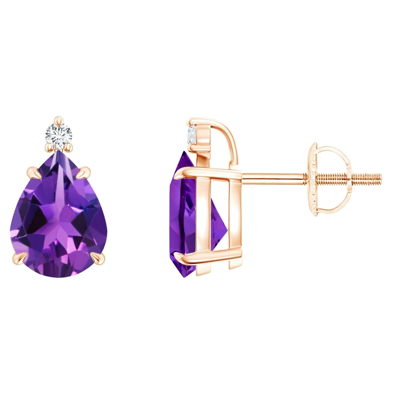 Natural Claw-Set Pear 2ct Amethyst Solitaire Earrings in 14K Rose Gold For Sale