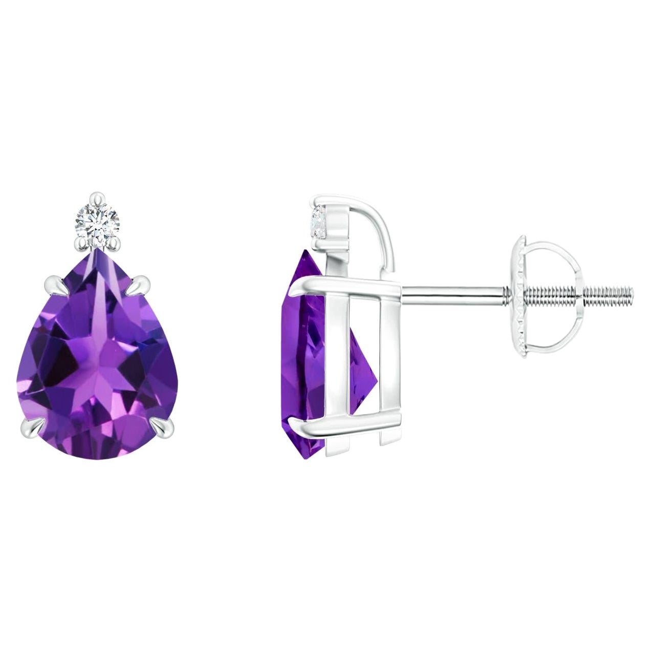 Natural Claw-Set Pear 2ct Amethyst Solitaire Earrings in 14K White Gold For Sale