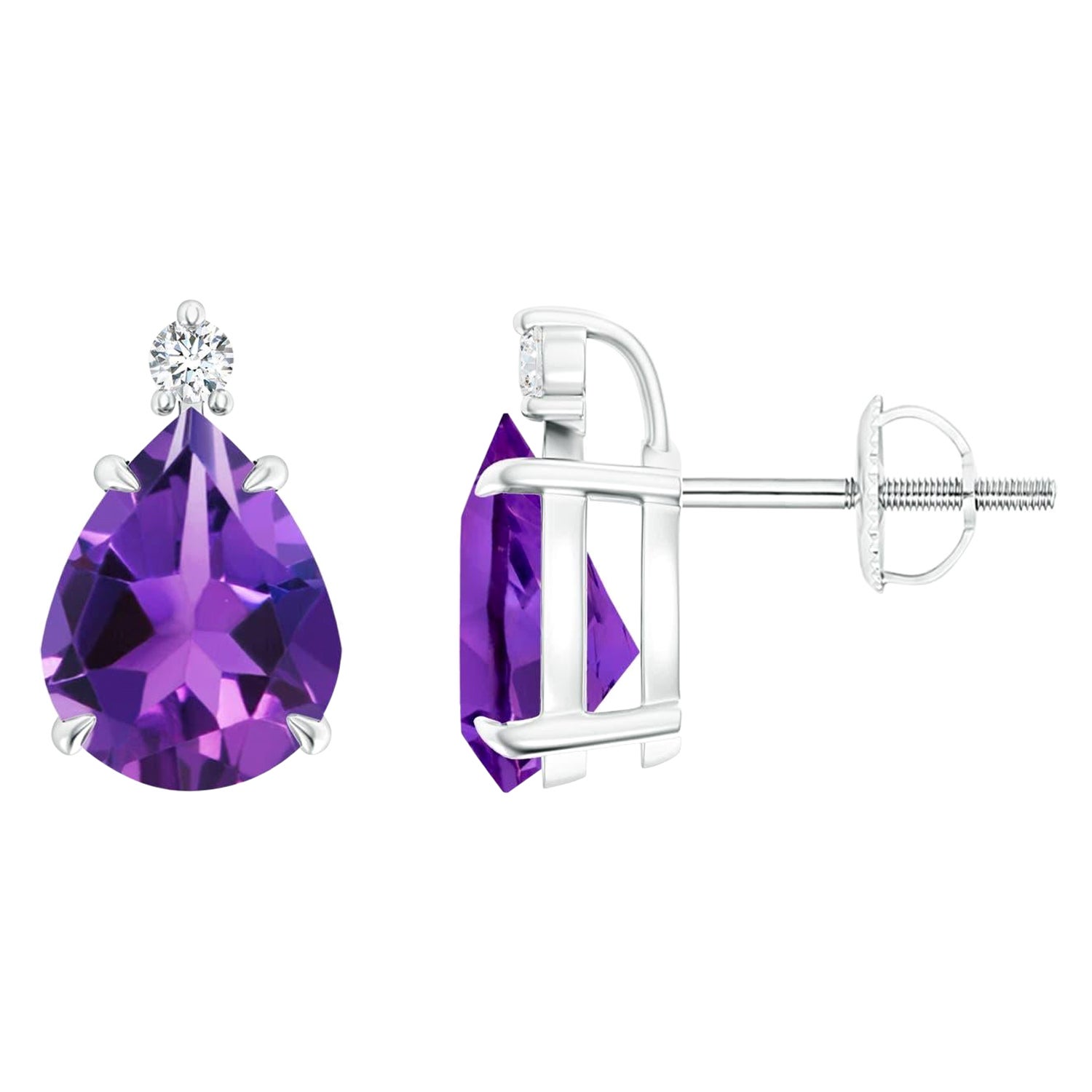 Natural Claw-Set Pear 3ct Amethyst Solitaire Earrings in 14K White Gold For Sale