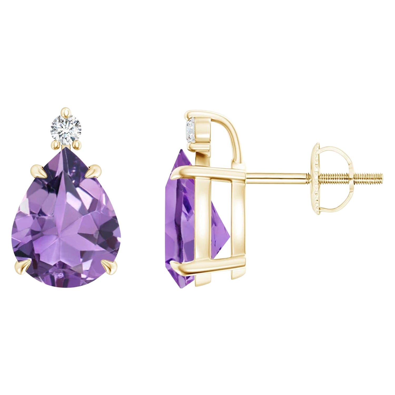 Natürlicher birnenförmiger 3 Karat Amethyst Solitär-Ohrringe aus 14 Karat Gelbgold mit Krallenbesatz im Angebot