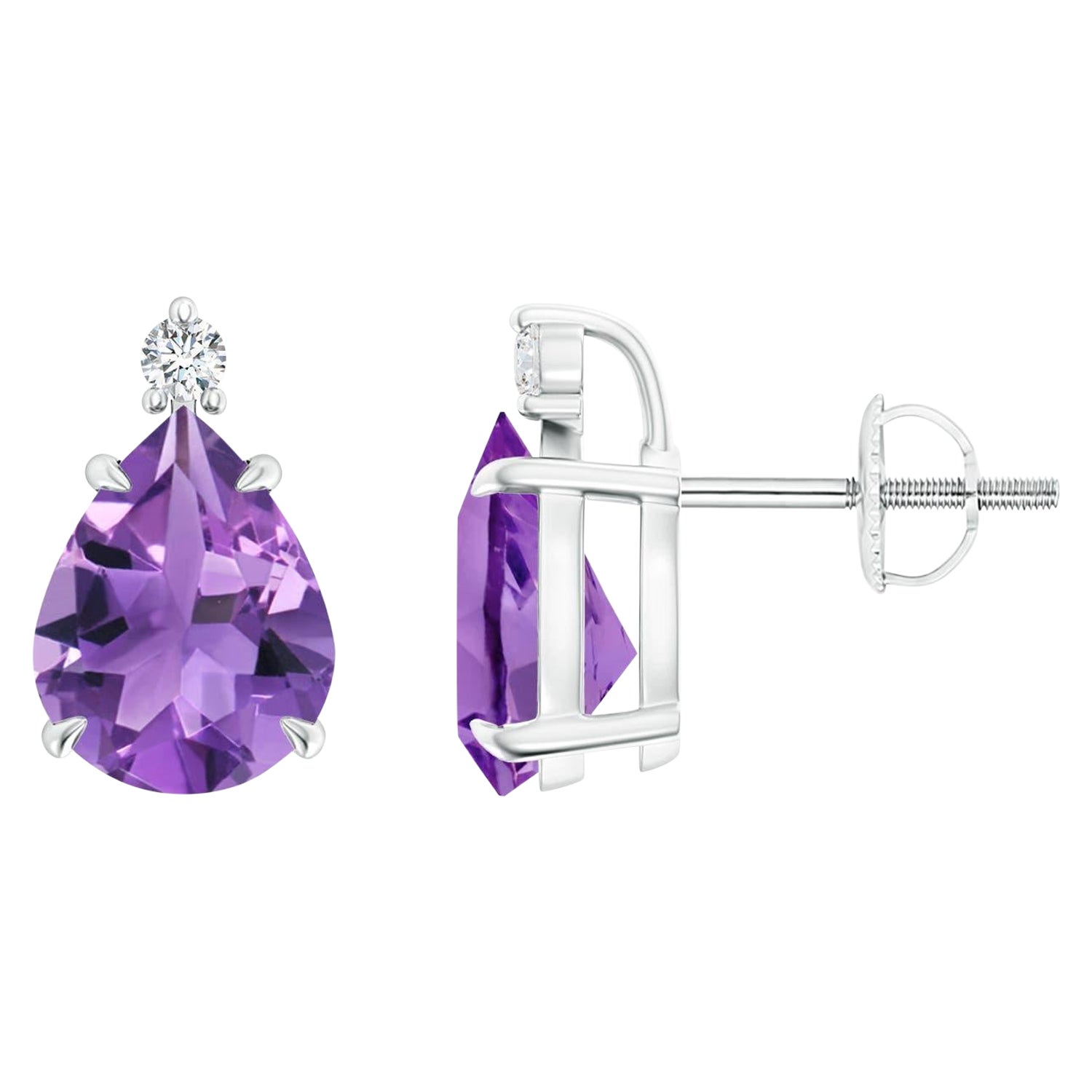Natural Claw-Set Pear 3ct Amethyst Solitaire Earrings in 14K White Gold For Sale