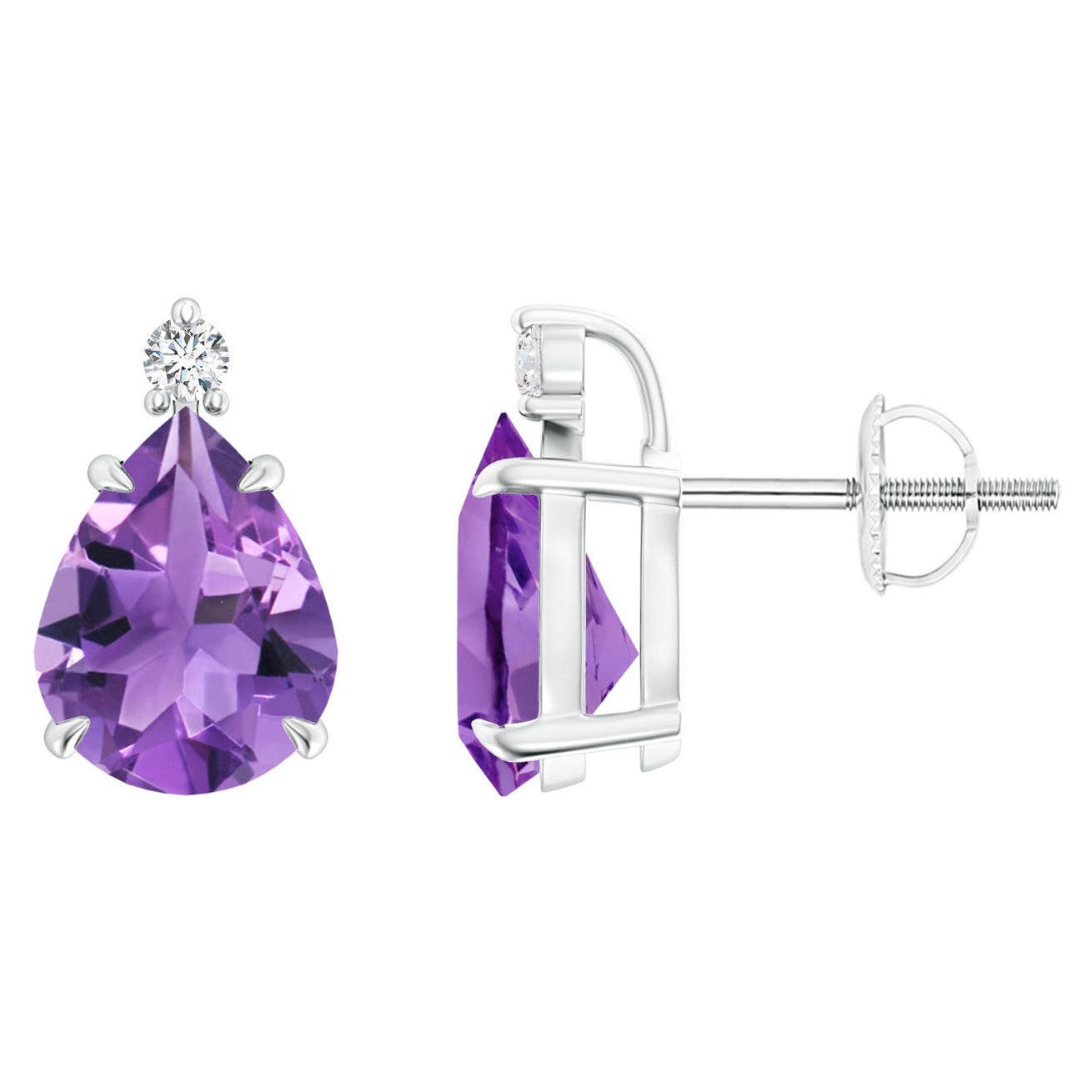 Natural Claw-Set Pear 3ct Amethyst Solitaire Earrings in 14K White Gold For Sale