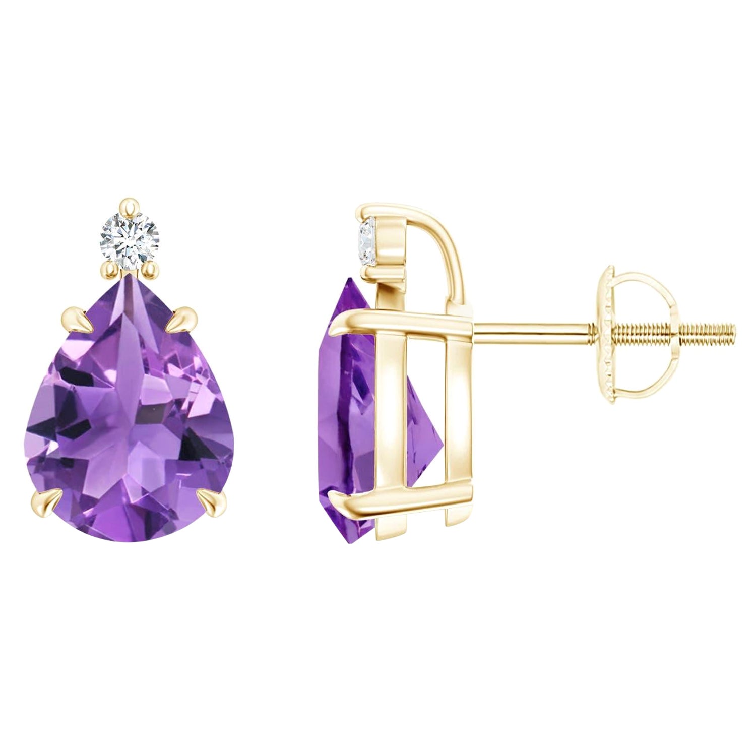 Natural Claw-Set Pear 3ct Amethyst Solitaire Earrings in 14K Yellow Gold For Sale