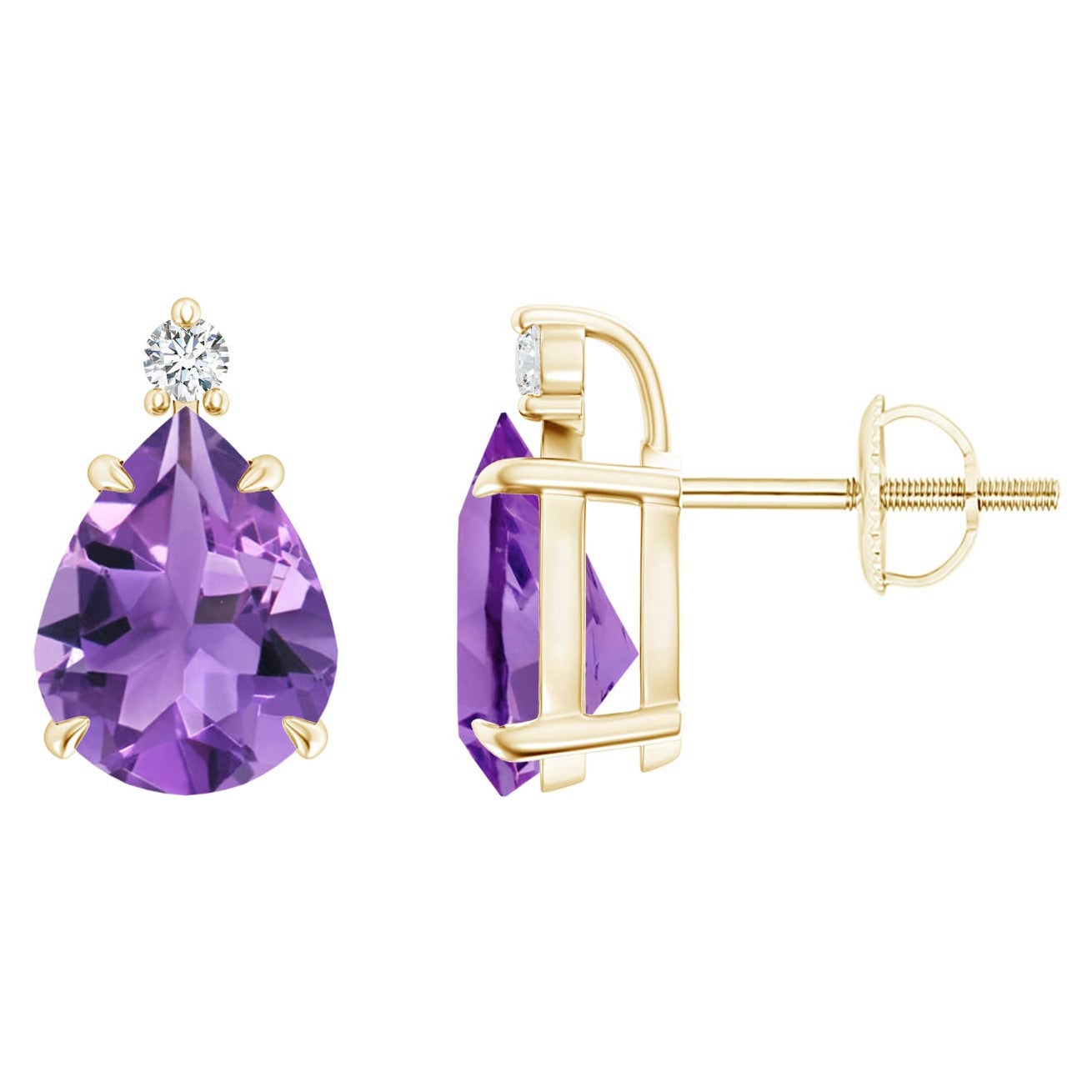Natürlicher birnenförmiger 3 Karat Amethyst Solitär-Ohrringe aus 14 Karat Gelbgold mit Krallenbesatz