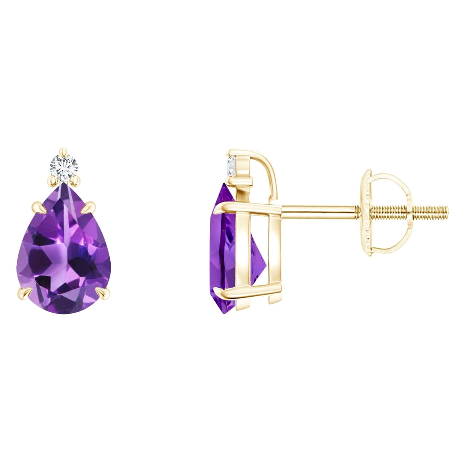 Boucles d'oreilles solitaires en or jaune 14 carats avec améthyste naturelle taillée en poire de 1,2 carat