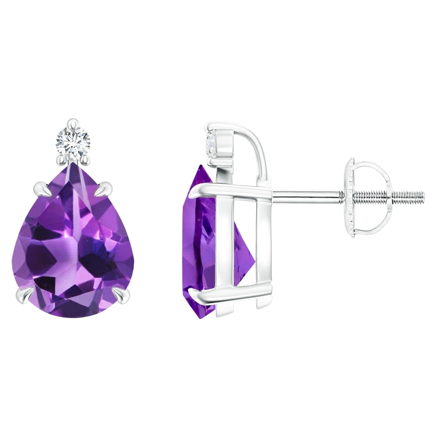 Natural Claw-Set Pear 3ct Amethyst Solitaire Earrings in 14K White Gold