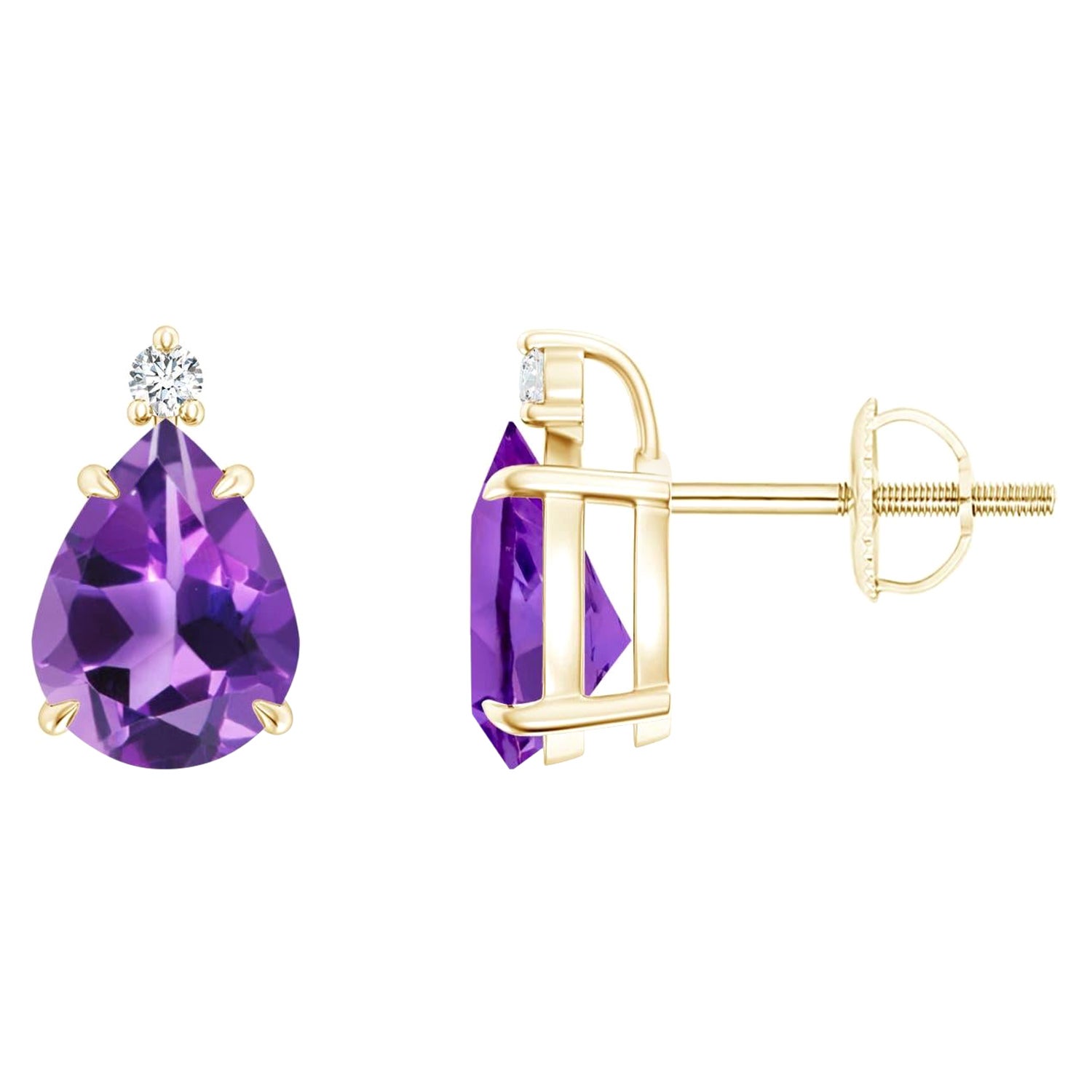 Natural Claw-Set Pear 2ct Amethyst Solitaire Earrings in 14K Yellow Gold For Sale