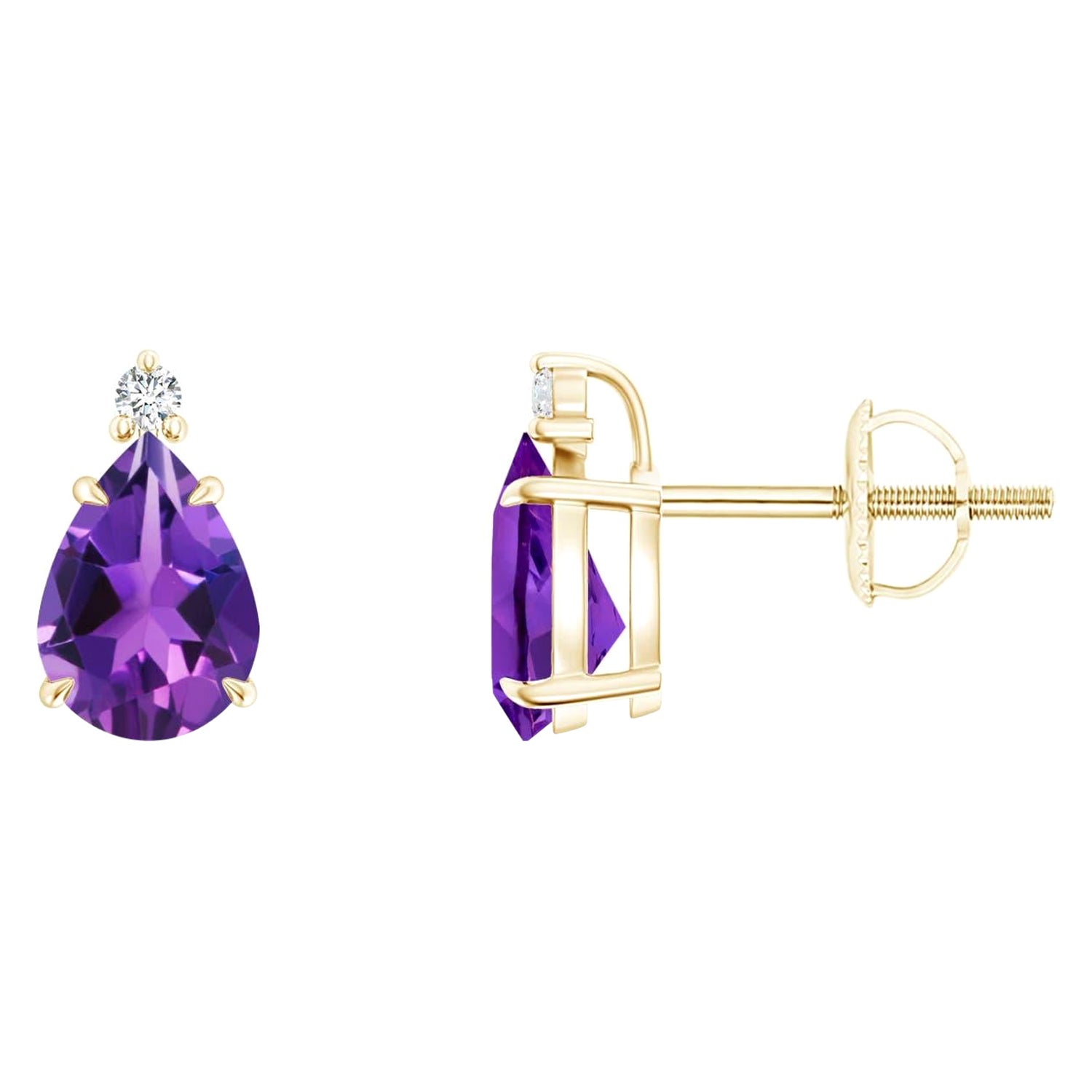 Natural Claw-Set Pear 1.2ct Amethyst Solitaire Earrings in 14K Yellow Gold