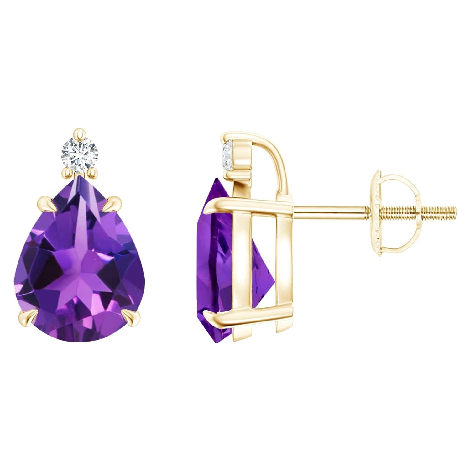 Natural Claw-Set Pear 3ct Amethyst Solitaire Earrings in 14K Yellow Gold