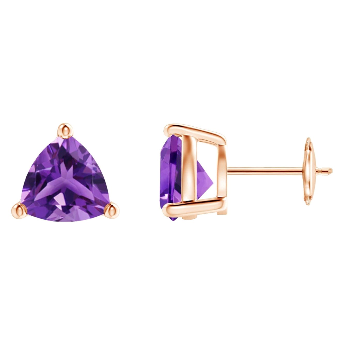 Natural Trillion 3.2ct Amethyst Stud Earrings in 14K Rose Gold For Sale