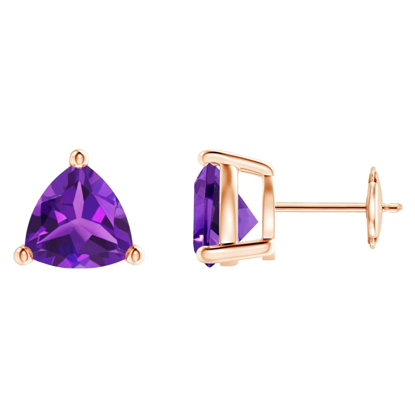 Natural Trillion 3.2ct Amethyst Stud Earrings in 14K Rose Gold For Sale