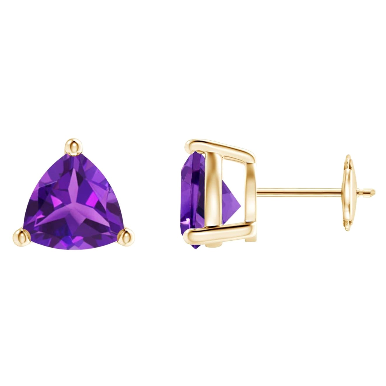 Natural Trillion 3.2ct Amethyst Stud Earrings in 14K Yellow Gold For Sale