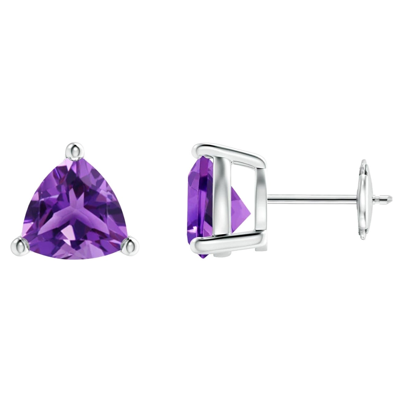 Natural Trillion 3.2ct Amethyst Stud Earrings in 14K White Gold For Sale