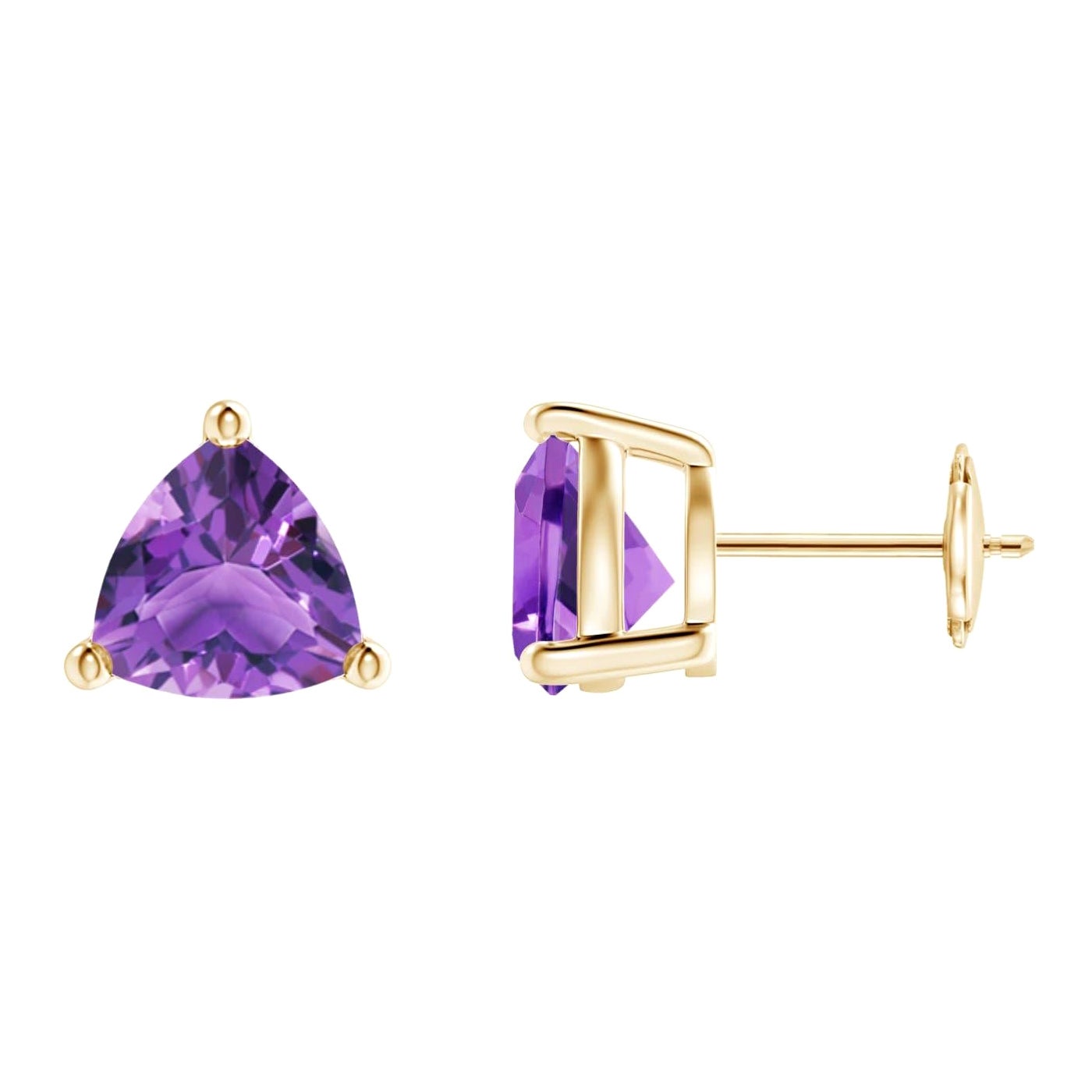 Natural Trillion 3.2ct Amethyst Stud Earrings in 14K Yellow Gold For Sale