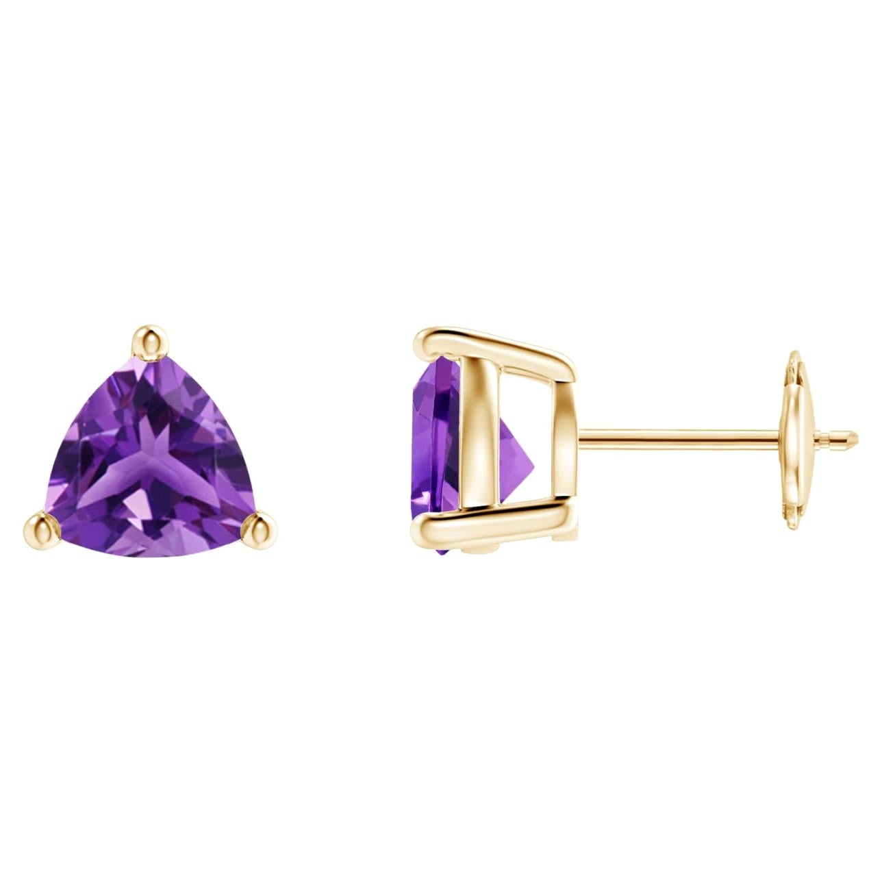 Natural Trillion 2.2ct Amethyst Stud Earrings in 14K Yellow Gold For Sale