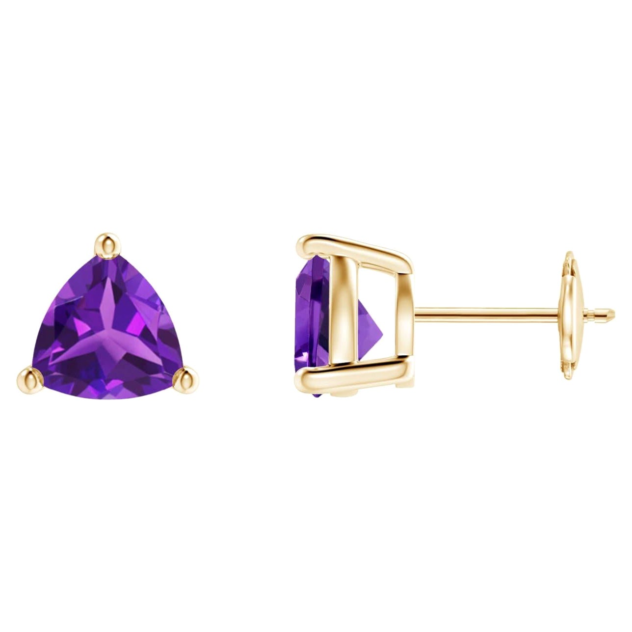 Natural Trillion 2.2ct Amethyst Stud Earrings in 14K Yellow Gold For Sale