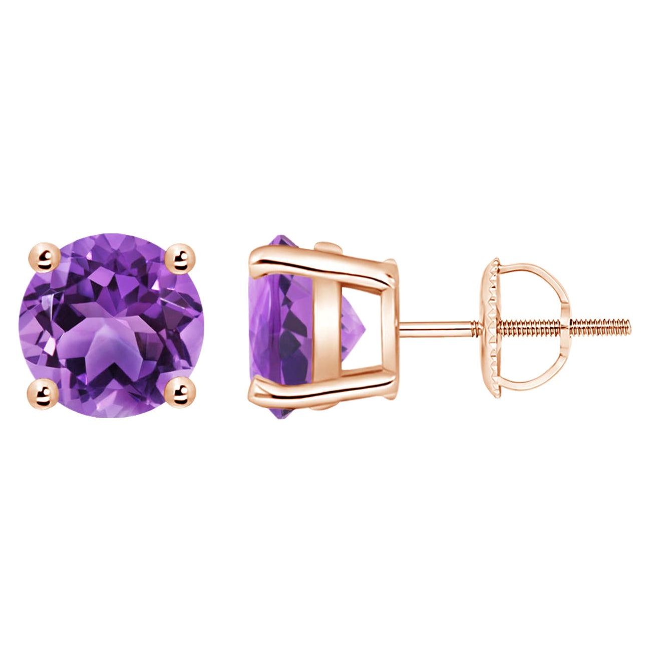 Natural Basket-Set Round 3.4ct Amethyst Studs in 14K Rose Gold