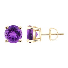 Natural Basket-Set Round 3.4ct Amethyst Studs in 14K Yellow Gold