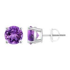 Natural Basket-Set Round 3.4ct Amethyst Studs in 14K White Gold