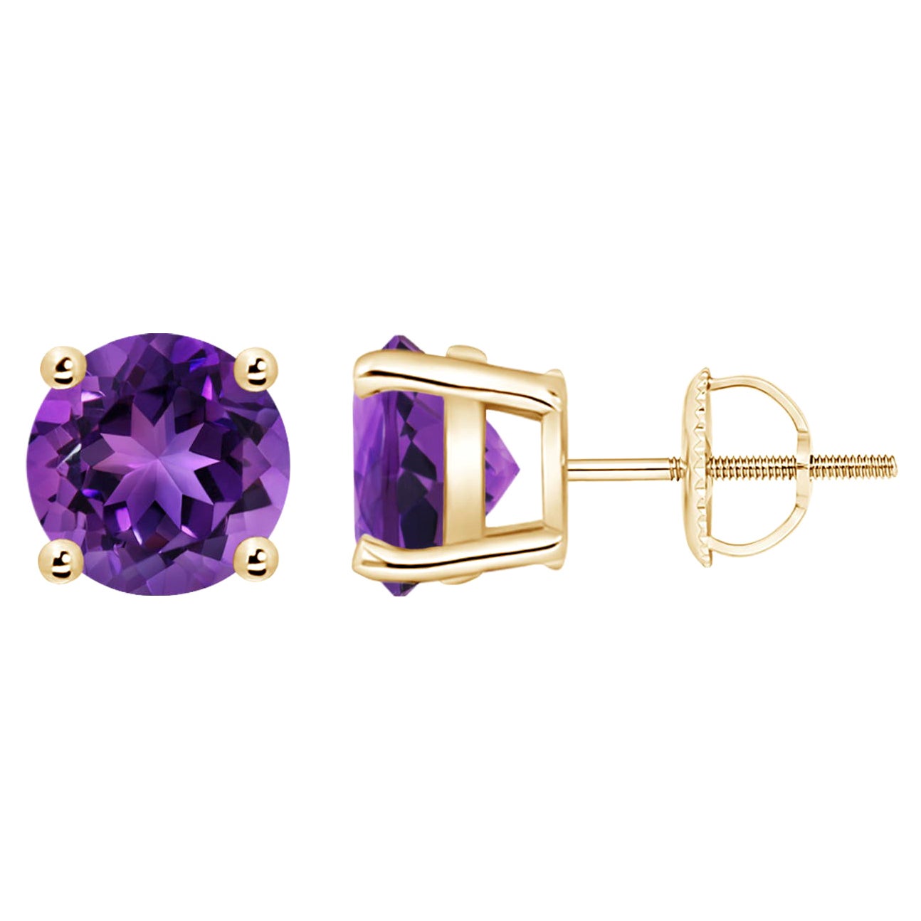 Natural Basket-Set Round 3.4ct Amethyst Studs in 14K Yellow Gold