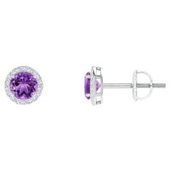 Pendientes con aureola de amatista vintage natural redonda de 0,50 ct en platino