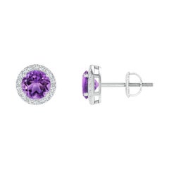 Natural Vintage Round 0.90ct Amethyst Halo Stud Earrings in Platinum