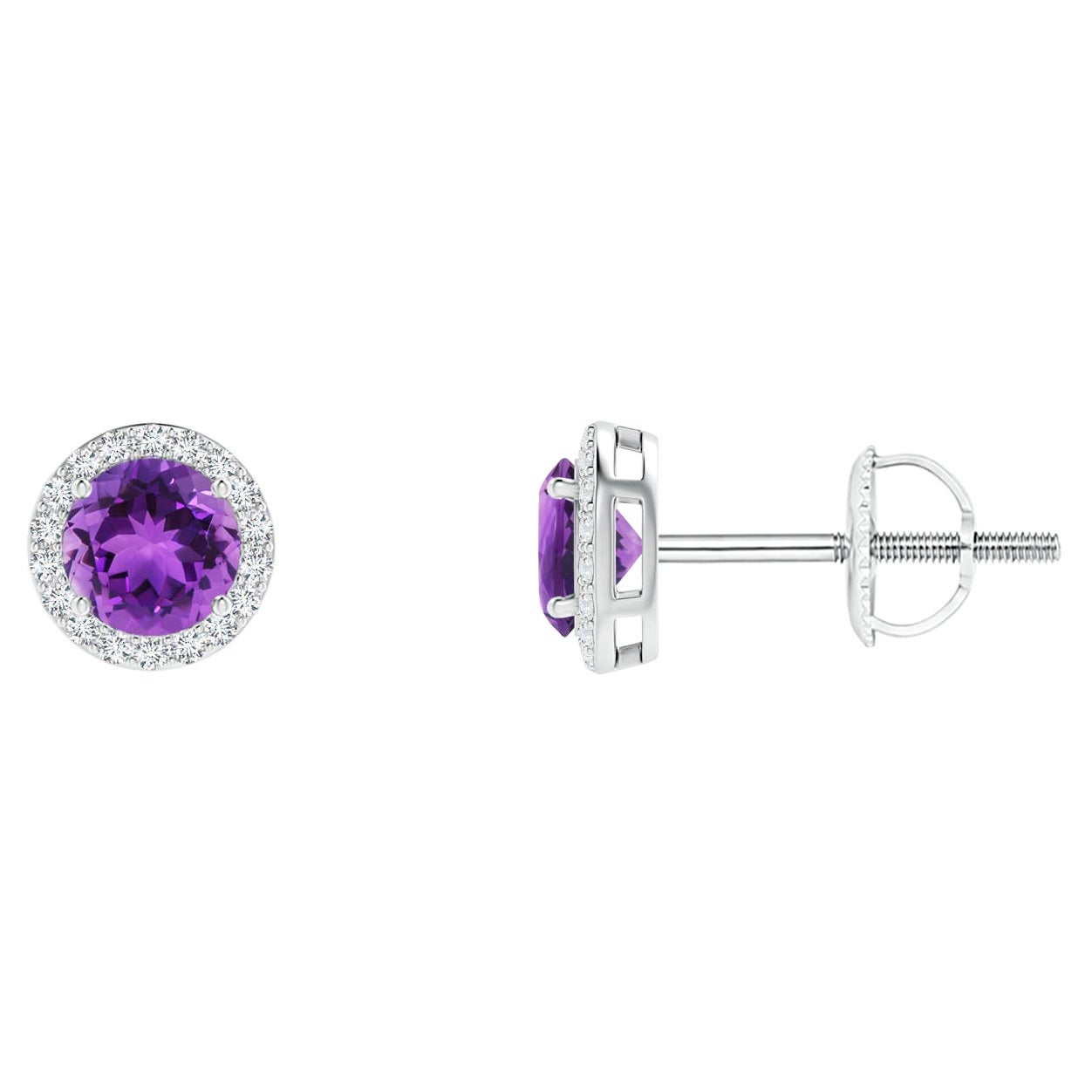 Pendientes con aureola de amatista vintage natural redonda de 0,50 ct en platino en venta