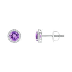 Natürliche Vintage Runde 0,50 Karat Amethyst-Halo-Ohrstecker aus Platin