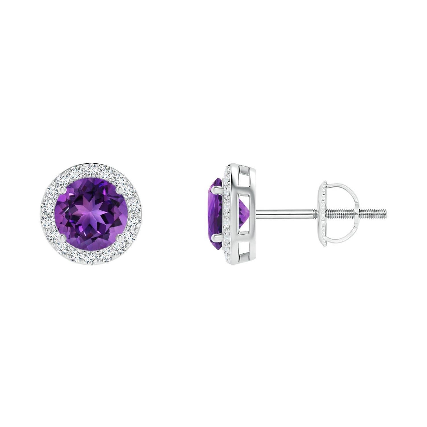 Natural Vintage Round 0.90ct Amethyst Halo Stud Earrings in Platinum For Sale