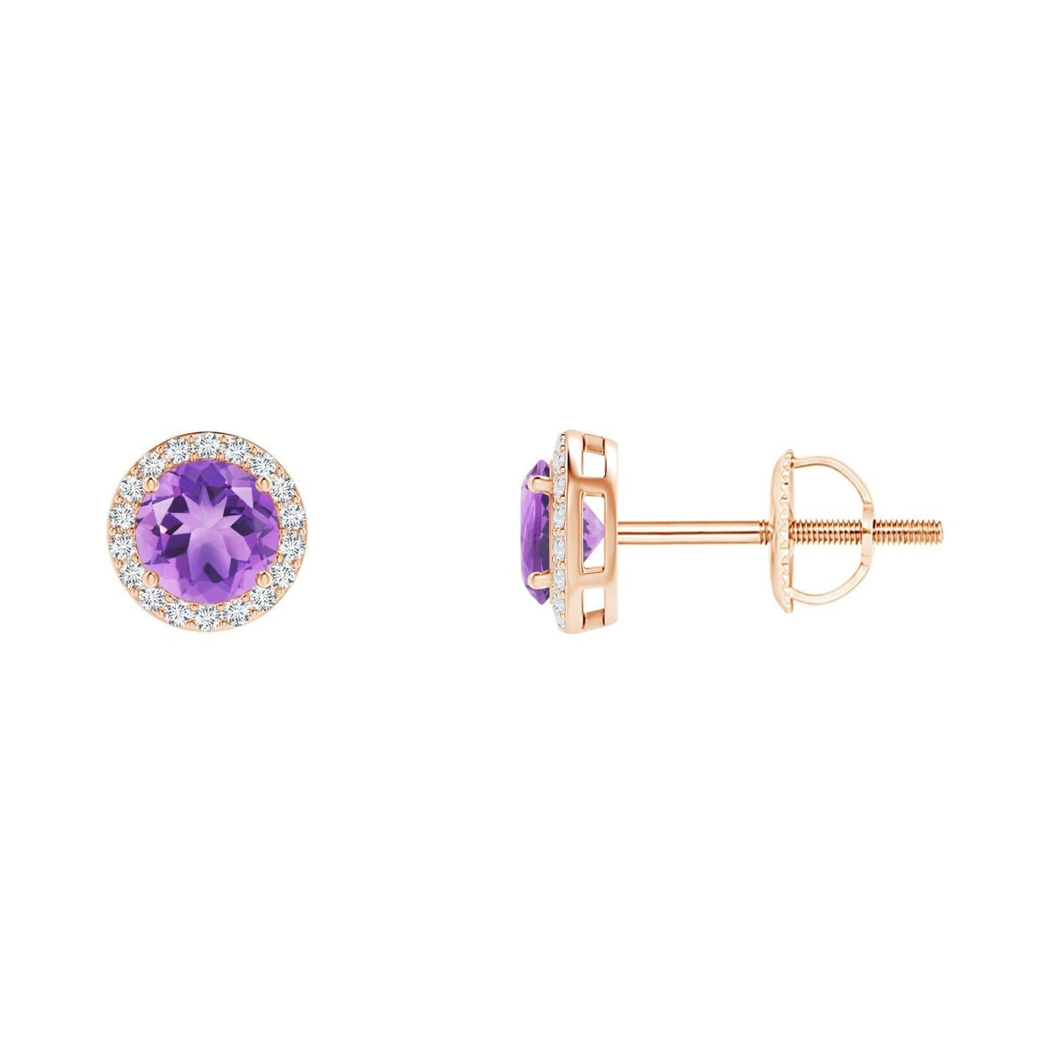Natural Vintage Round 0.50ct Amethyst Halo Stud Earrings in 14K Rose Gold For Sale