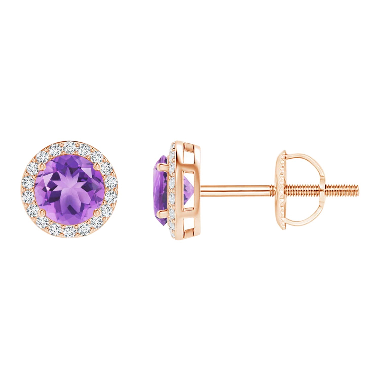 Pendientes de oro rosa de 14 quilates con aureola de amatista natural vintage redonda de 0,50 ct