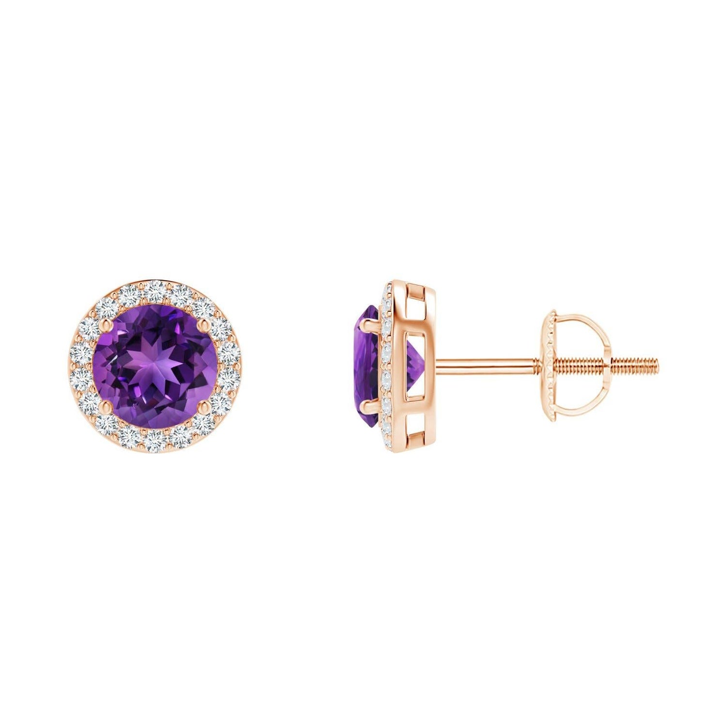 Boucles d'oreilles en or rose 14 carats : Nature Vintage Round 0.90ct Amethyst Halo Stud Ears en vente