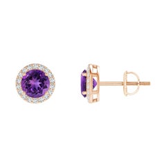 Natural Vintage Round 0.90ct Amethyst Halo Stud Earrings in 14K Rose Gold