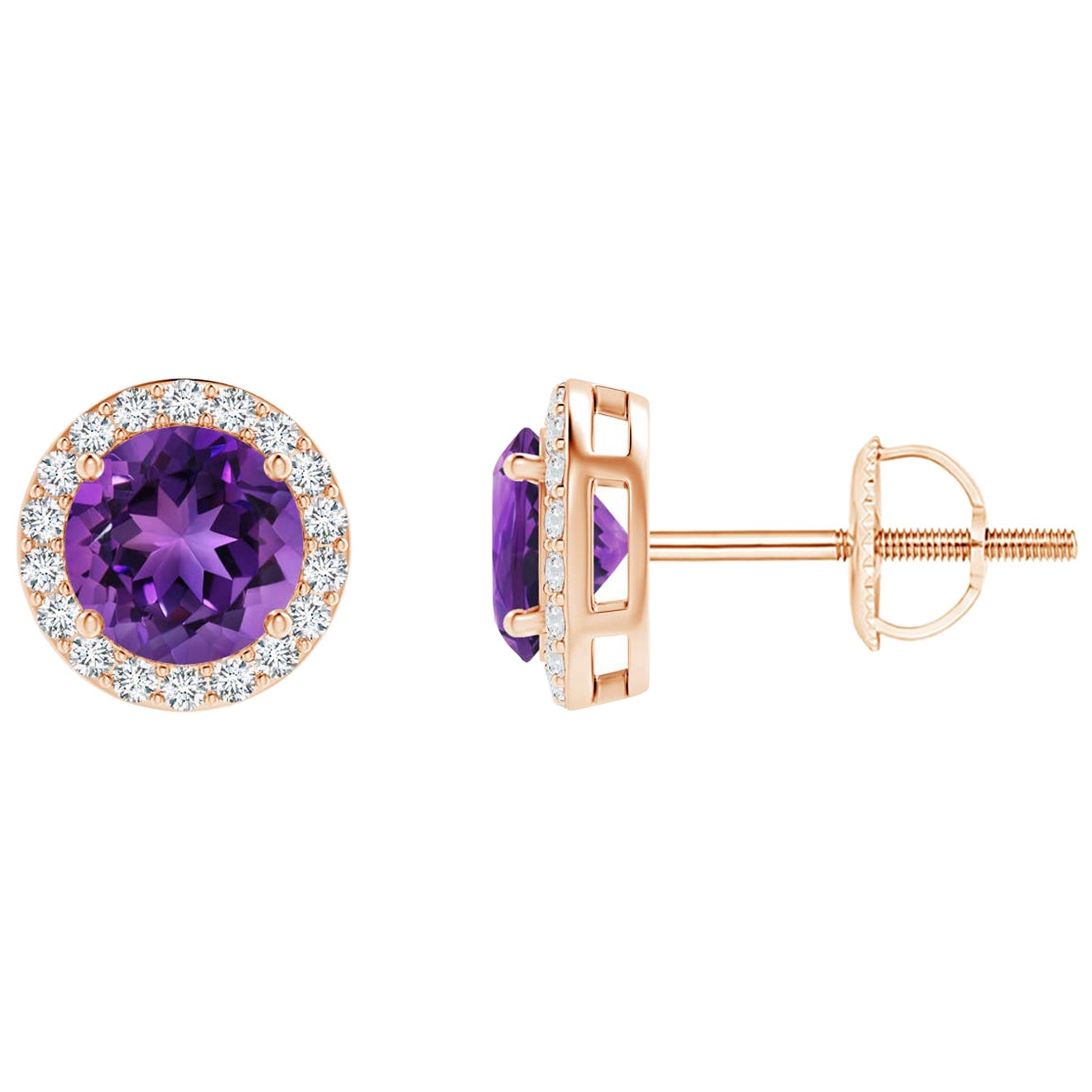Natural Vintage Round 0.90ct Amethyst Halo Stud Earrings in 14K Rose Gold