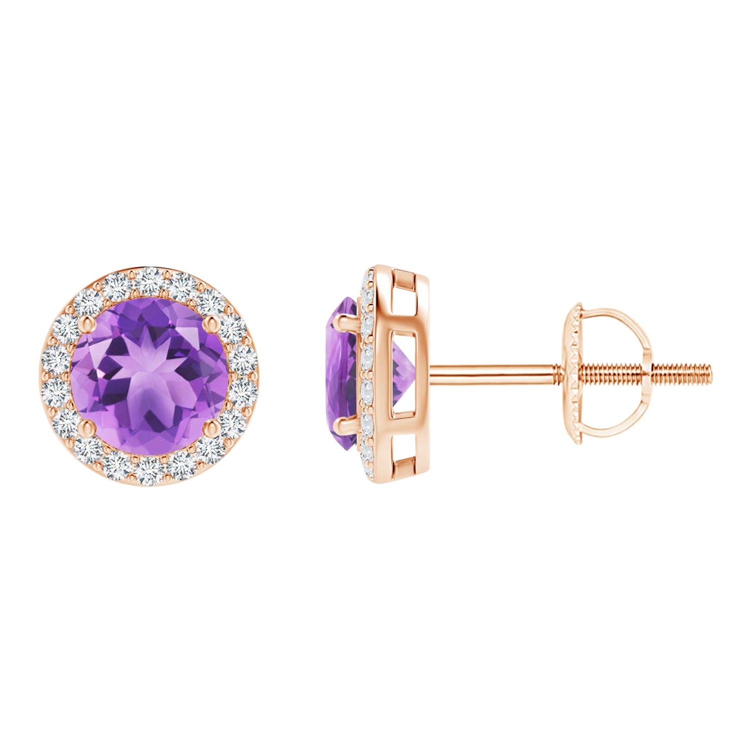 Natural Vintage Round 0.90ct Amethyst Halo Stud Earrings in 14K Rose Gold