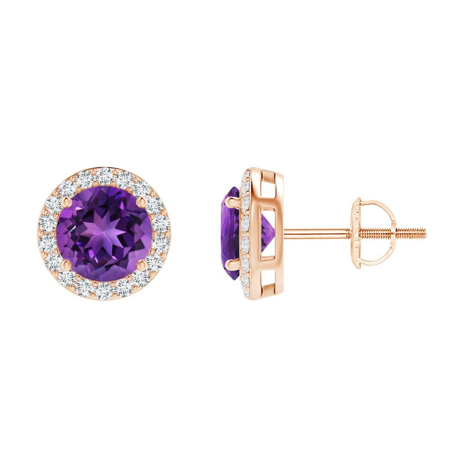 Natural Vintage Round 1.6ct Amethyst Halo Stud Earrings in 14K Rose Gold For Sale