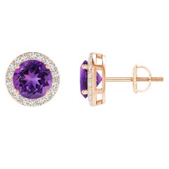 Orecchini a perno con ametista tonda vintage naturale da 1,6 carati in oro rosa 14K