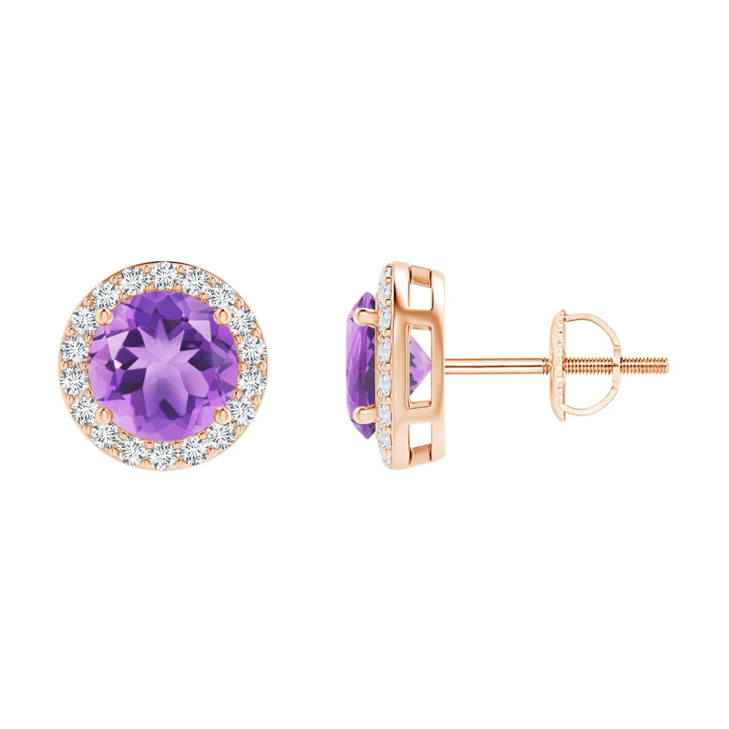 Natural Vintage Round 1.6ct Amethyst Halo Stud Earrings in 14K Rose Gold For Sale