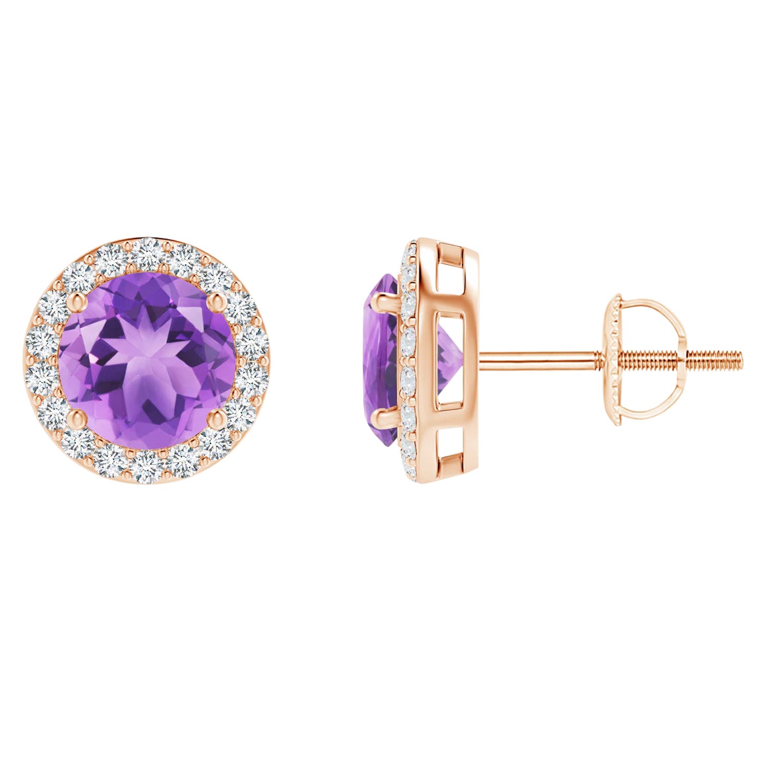 Natürliche natürliche Vintage Runde 1,6 Karat Amethyst-Halo-Ohrstecker aus 14K Roségold