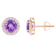 Orecchini a perno con ametista tonda vintage naturale da 1,6 carati in oro rosa 14K