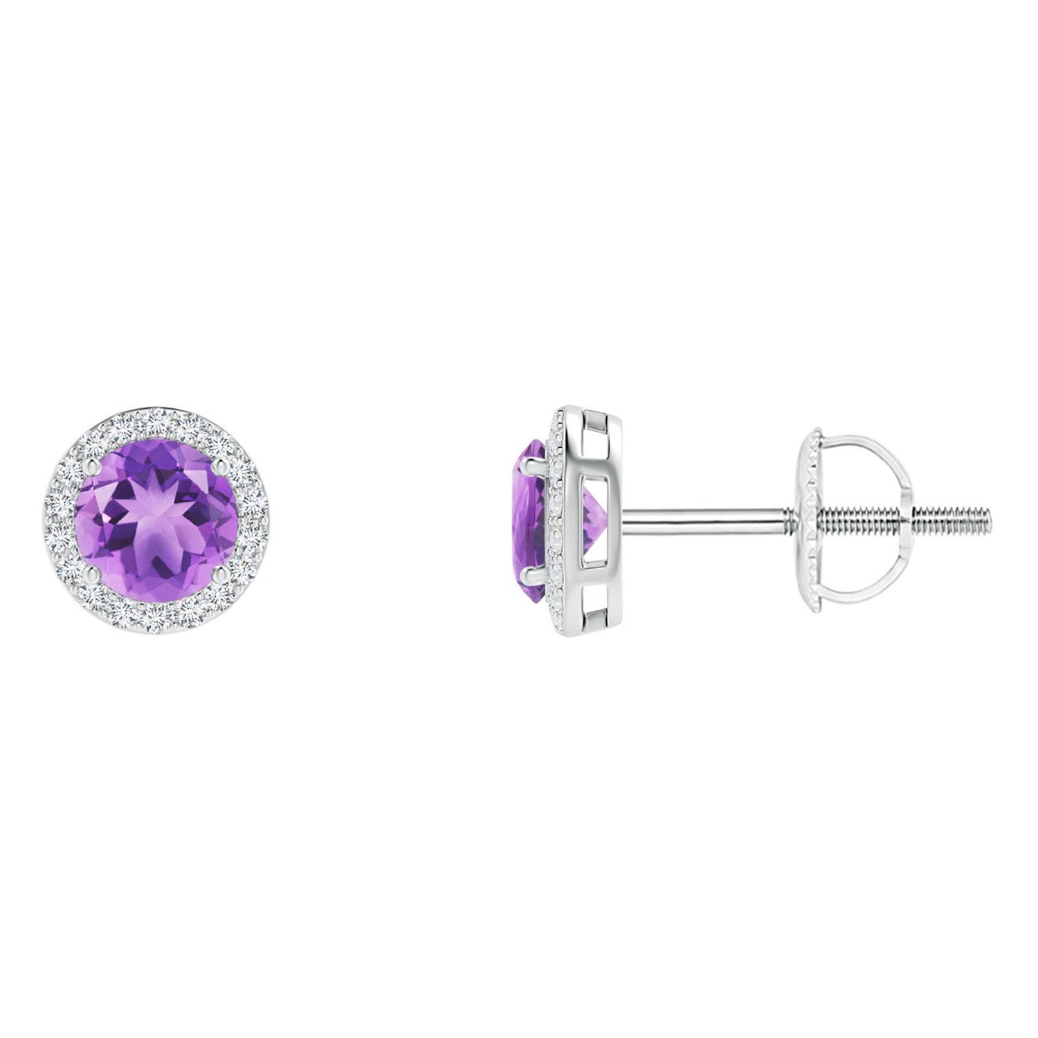 Pendientes de oro blanco de 14 quilates con aureola de amatista natural vintage redonda de 0,50 ct