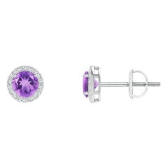 Pendientes de oro blanco de 14 quilates con aureola de amatista natural vintage redonda de 0,50 ct