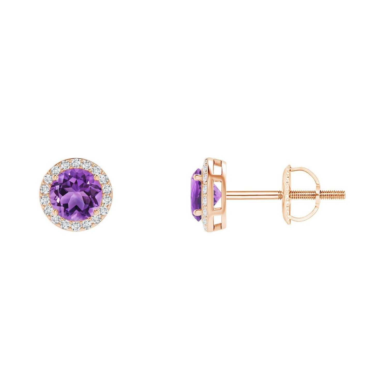 Natural Vintage Round 0.50ct Amethyst Halo Stud Earrings in 14K Rose Gold For Sale