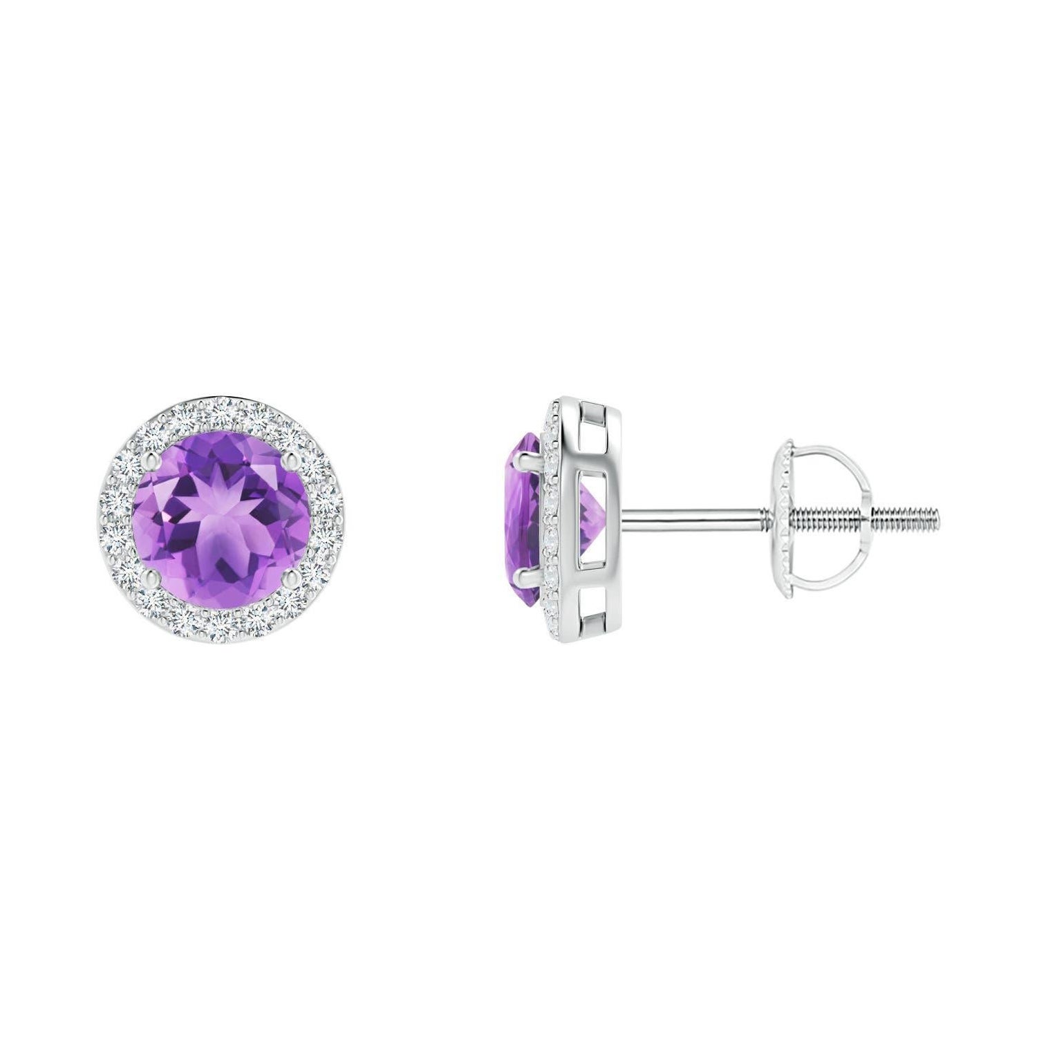 Natural Vintage Round 0.90ct Amethyst Halo Stud Earrings in 14K White Gold For Sale