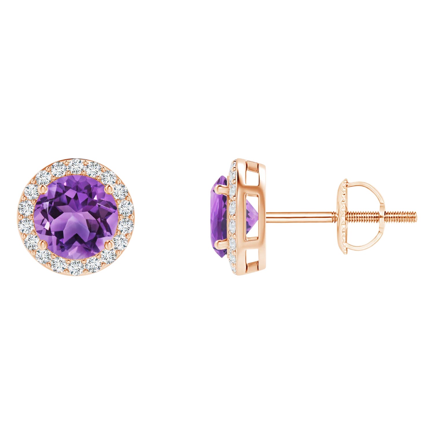 Natural Vintage Round 0.90ct Amethyst Halo Stud Earrings in 14K Rose Gold