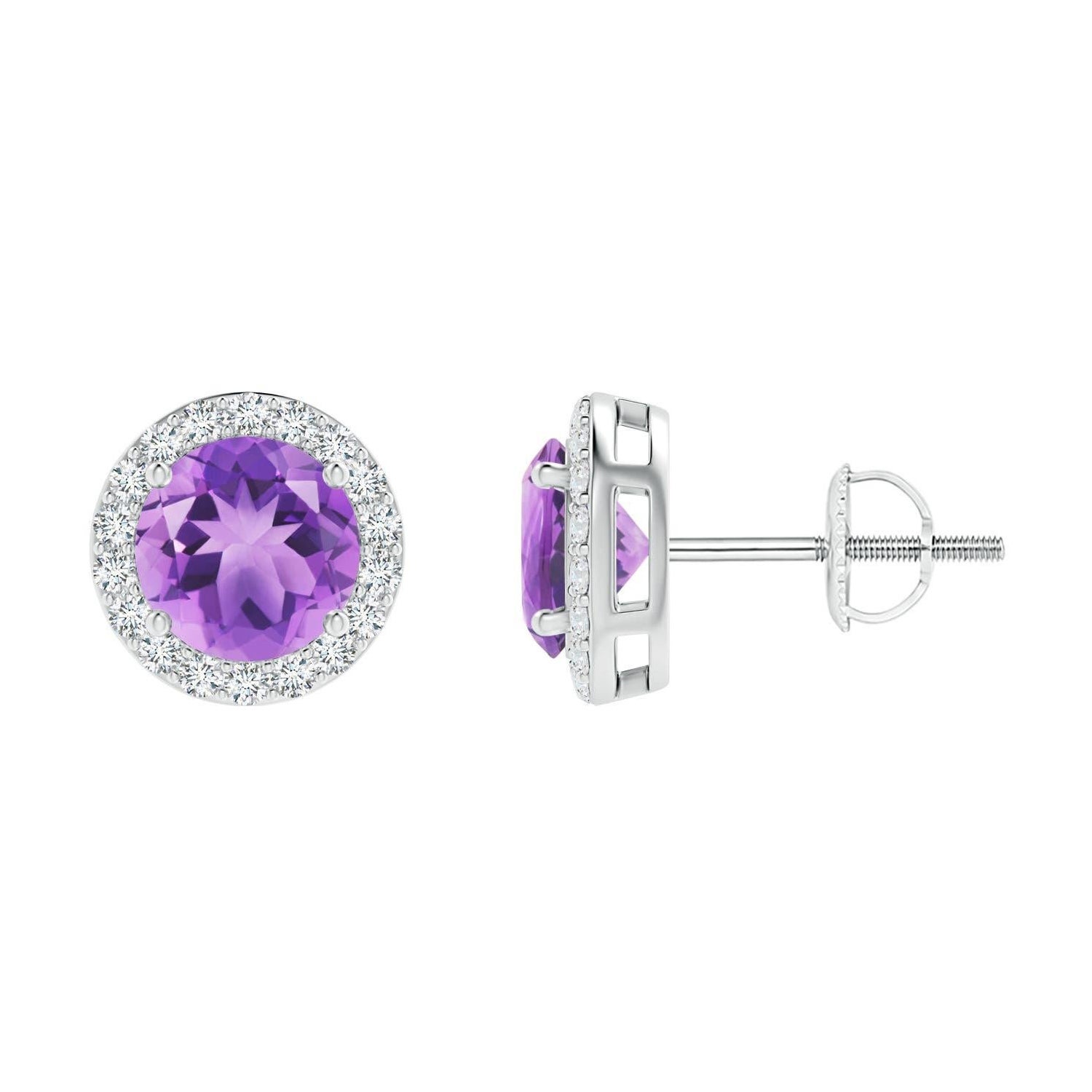 Natural Vintage Round 1.6ct Amethyst Halo Stud Earrings in 14K White Gold